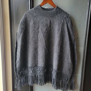 Novica Alpaca Blend Embroidered Floral Cape Fringe Size M Charcoal Made in Peru